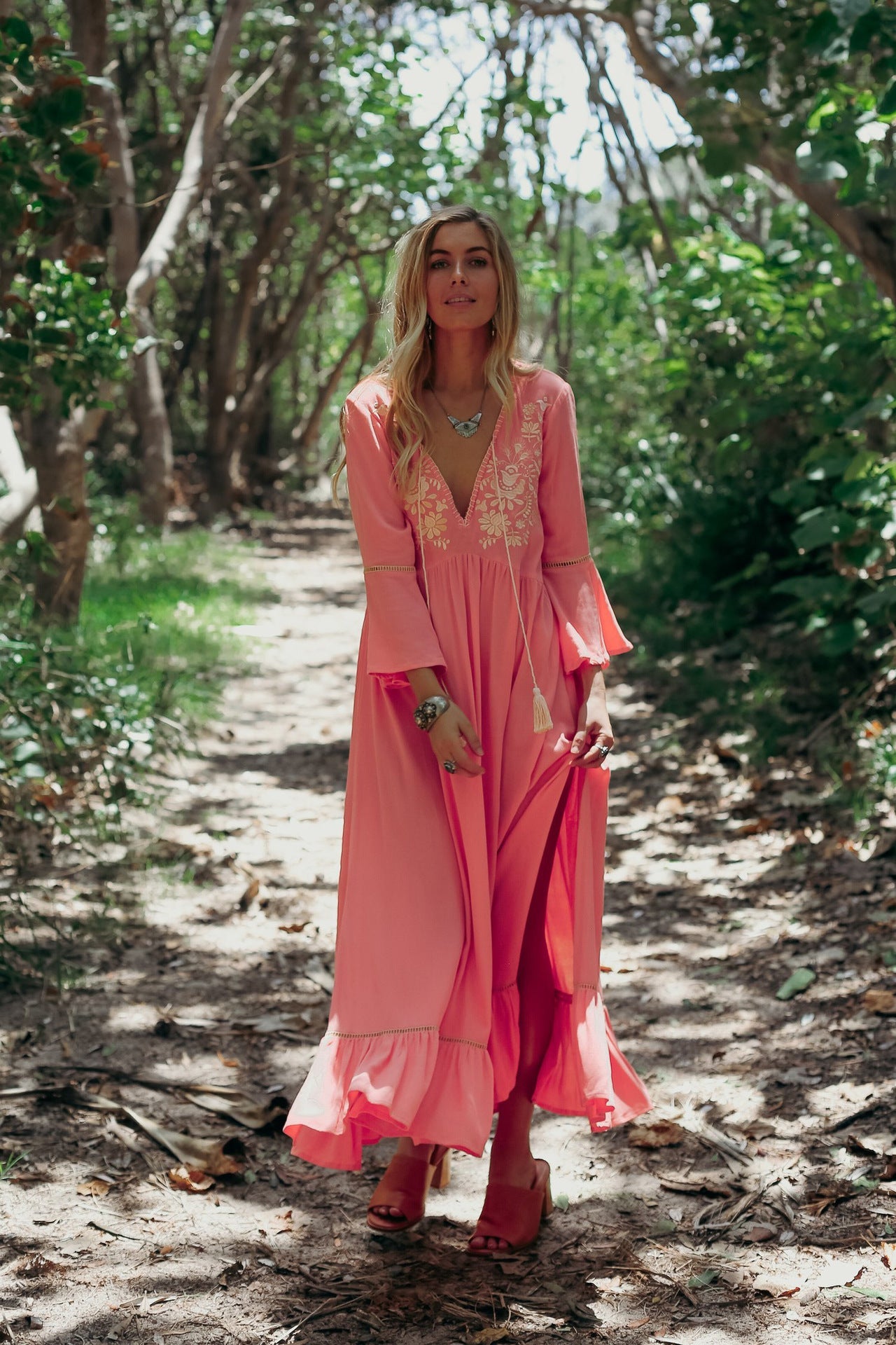 CORALIE – Embroidered Maxi Dress with Ruffle – Bohemian & Relaxed