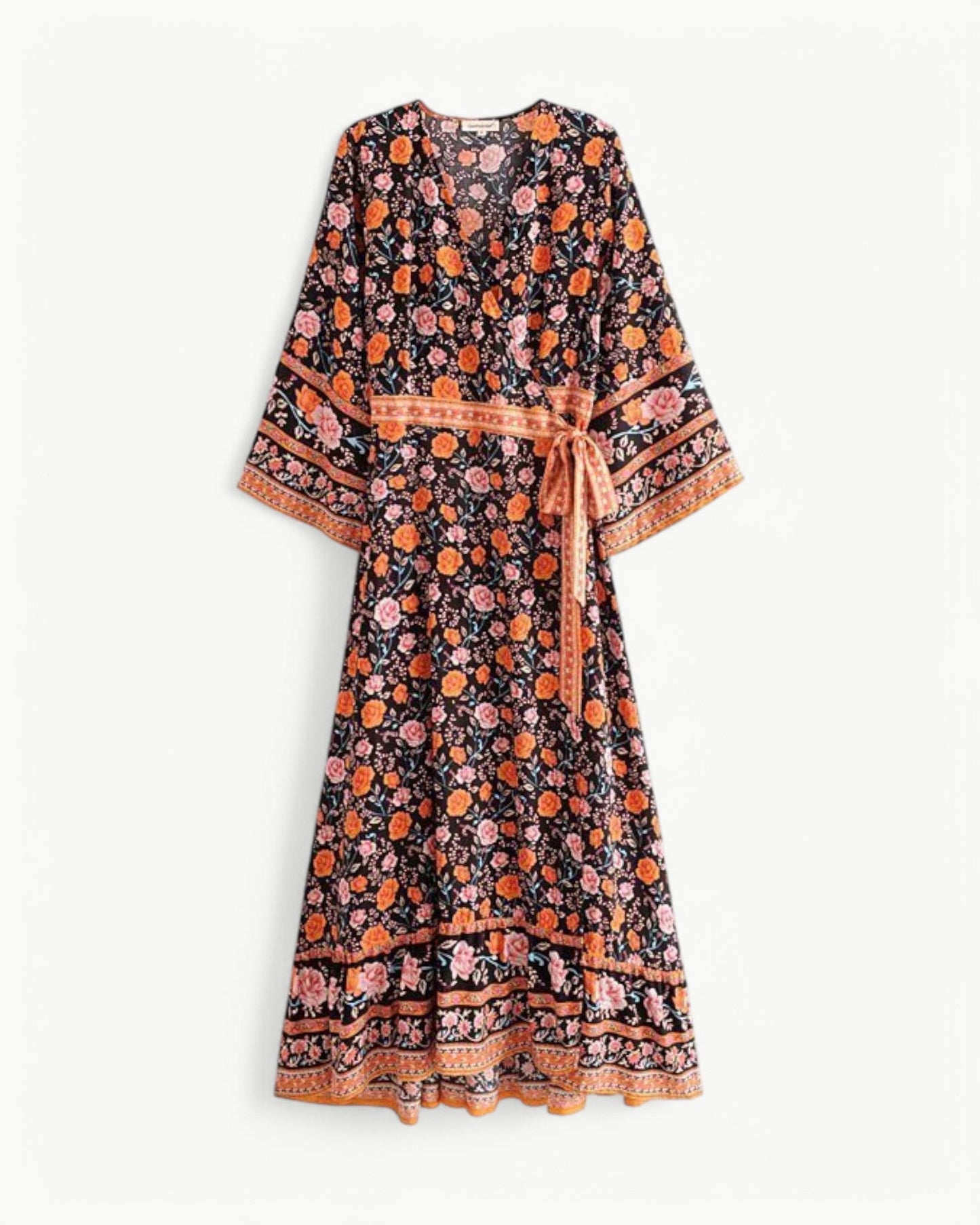 SERENE – Long Dress with V-Neck and Floral Pattern – Wrap Model with Waistband