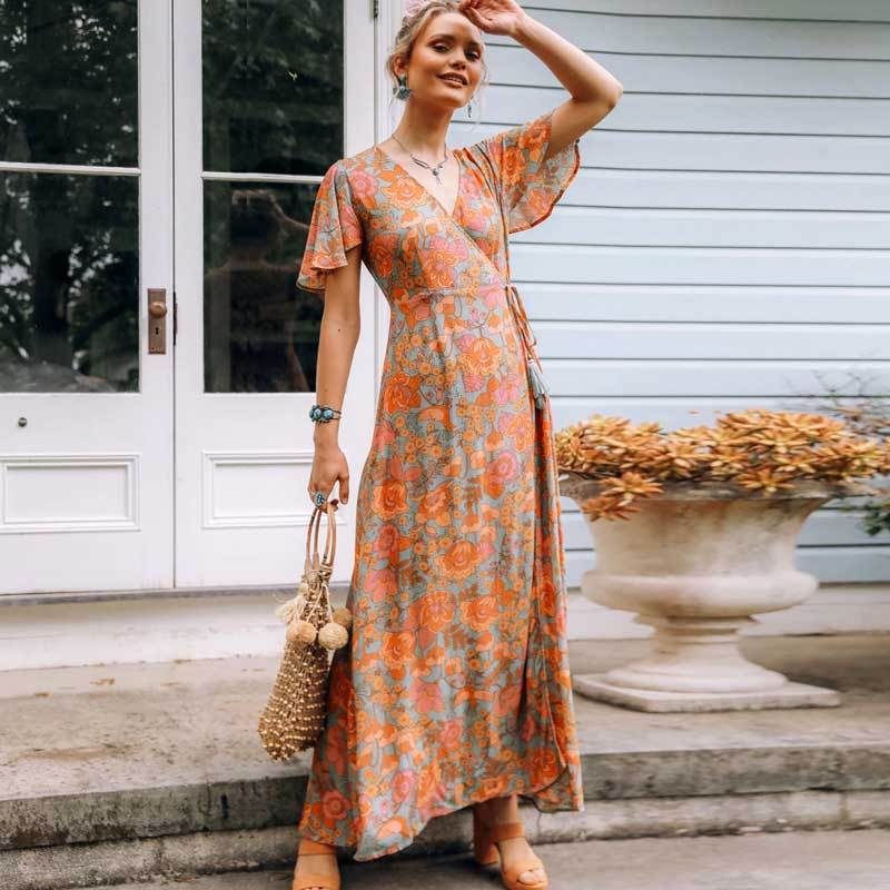 LUCILLE – Floral Wrap Dress with Short Sleeves | Light & Airy Maxi Dress