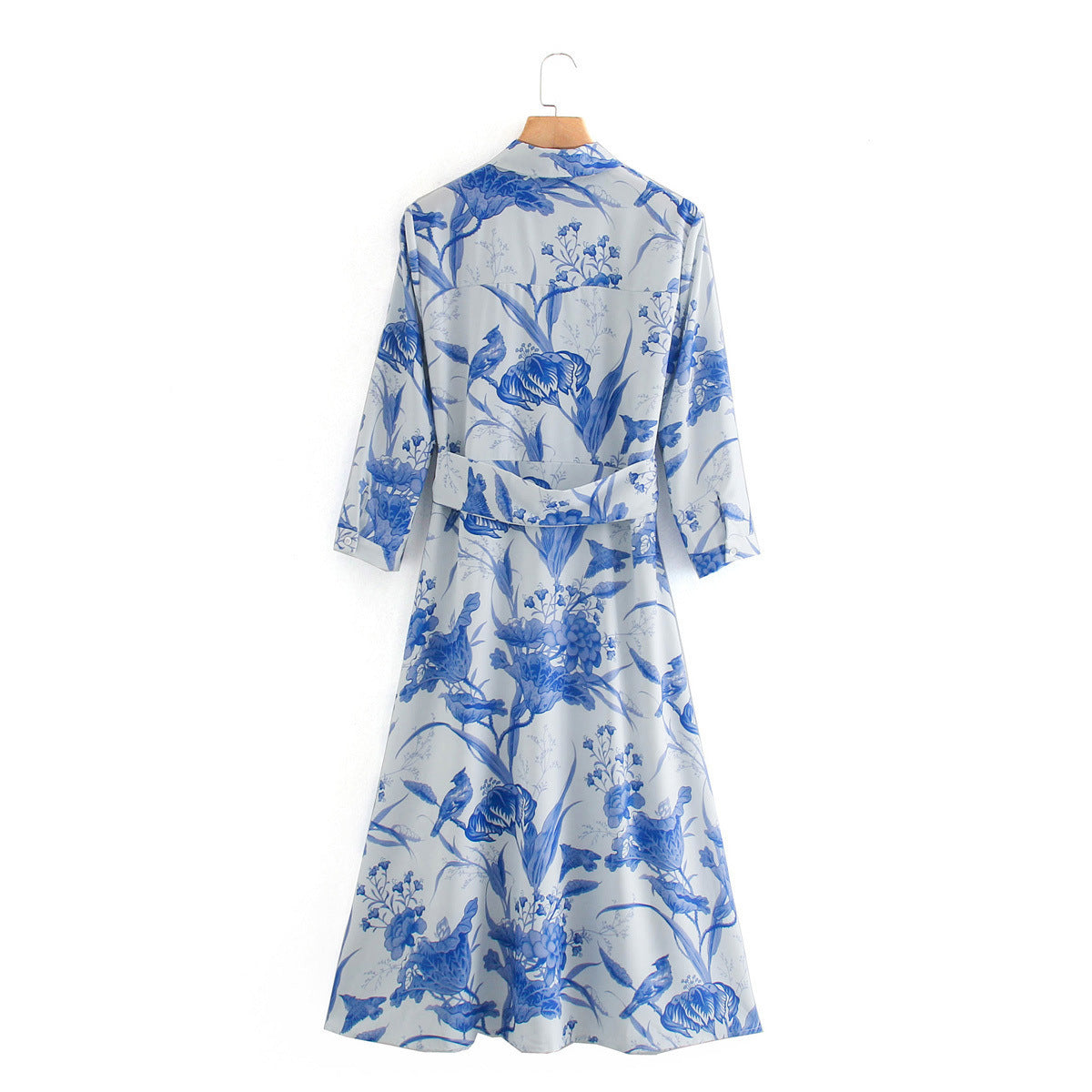 MAËLLE – Long Floral Shirt Dress with Waistband | White & Blue
