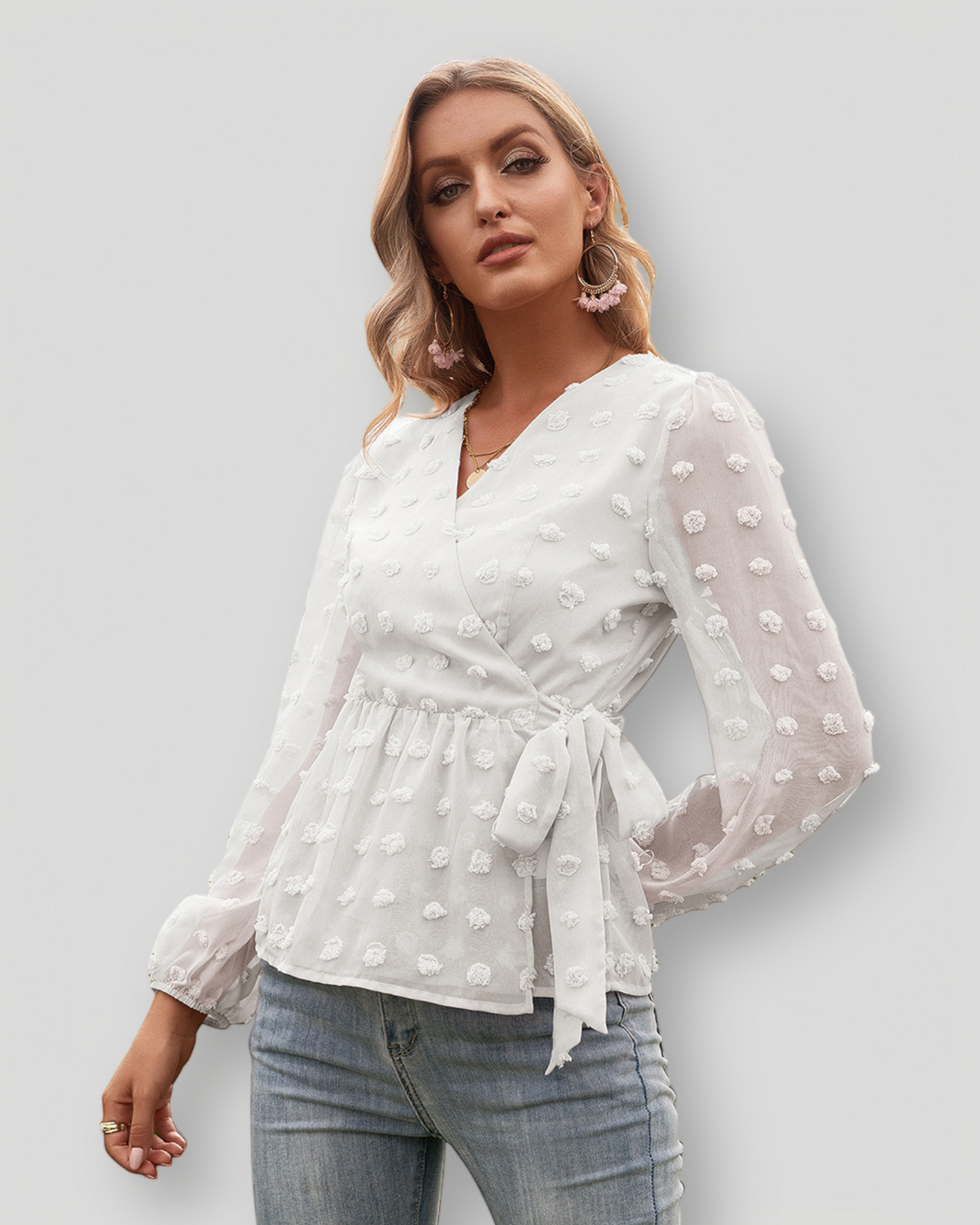 ÉLISE – Elegant V-neck blouse with decorative dots | Light & lined