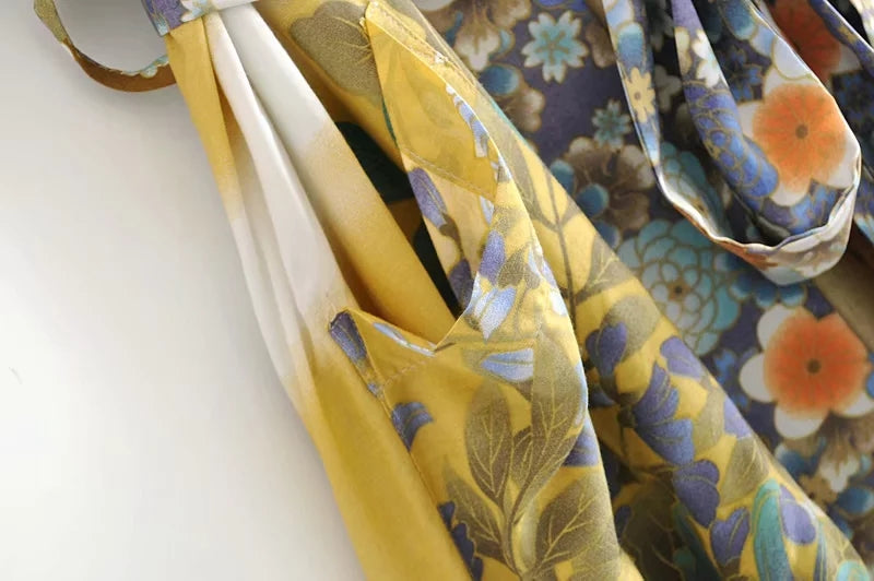 FLEUR – Long kimono with floral pattern, pockets & waist tie
