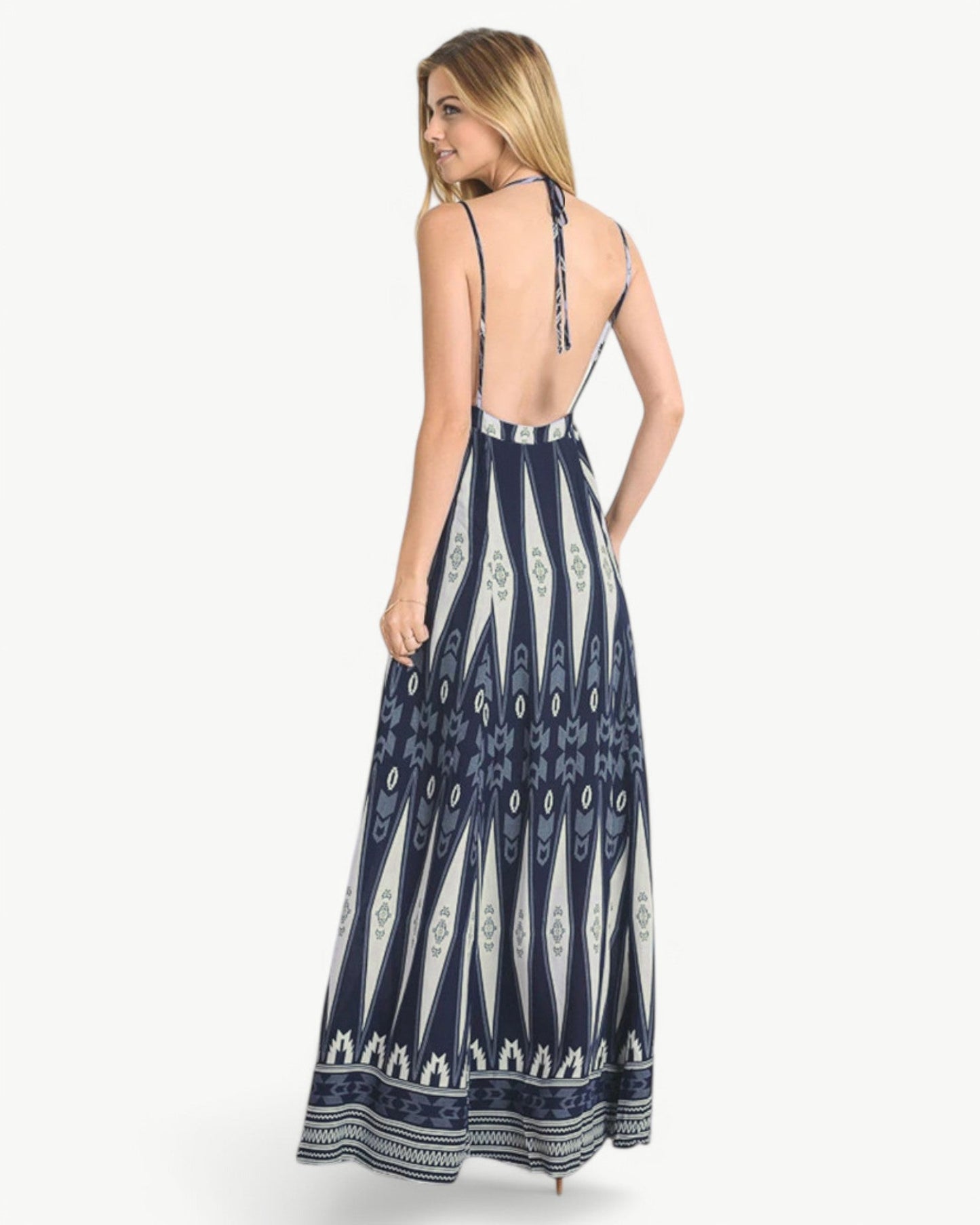MATHILDE – Maxi dress with V-neck, open back, and pattern | Airy & summery