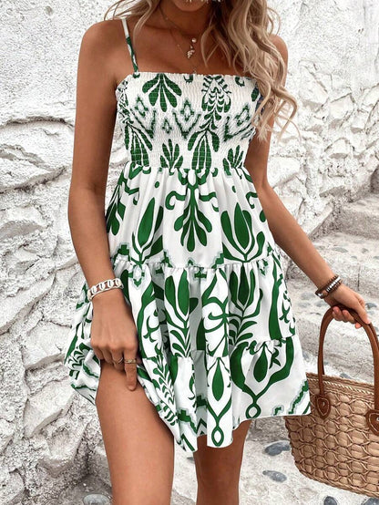 ÉLIANE – Short summer dress with smocked bodice & subtle floral pattern