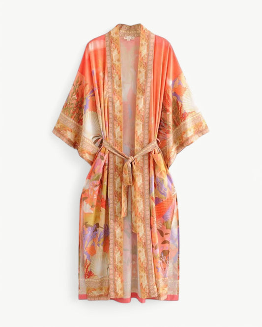 NÉLIA – Long kimono with ocean print & mermaid motif
