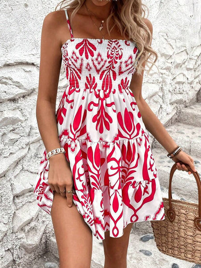 ÉLIANE – Short summer dress with smocked bodice & subtle floral pattern