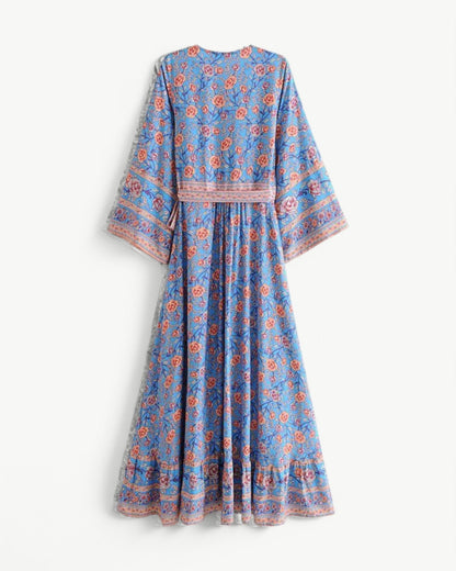 SERENE – Long Dress with V-Neck and Floral Pattern – Wrap Model with Waistband