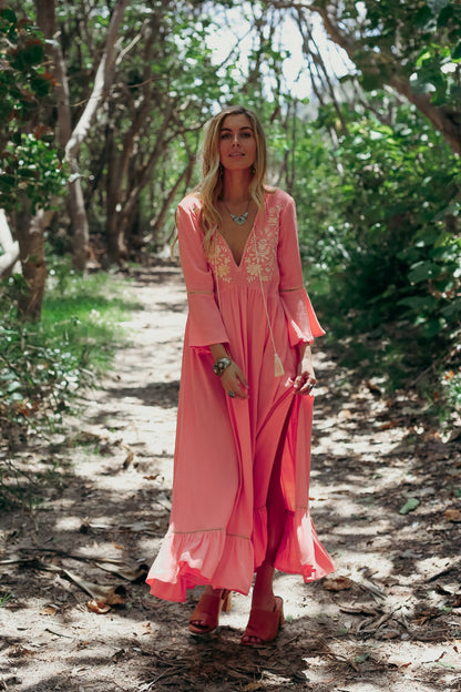 CORALIE – Embroidered Maxi Dress with Ruffle – Bohemian & Relaxed
