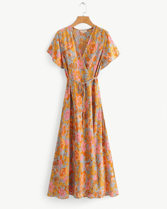 LUCILLE – Floral Wrap Dress with Short Sleeves | Light & Airy Maxi Dress