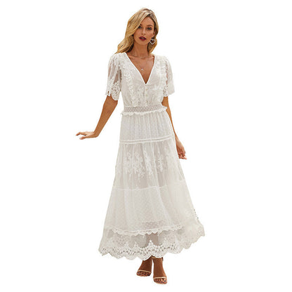 CHRISTELLE – Long Dress with Lace and V-Neck | Elegant and Detailed