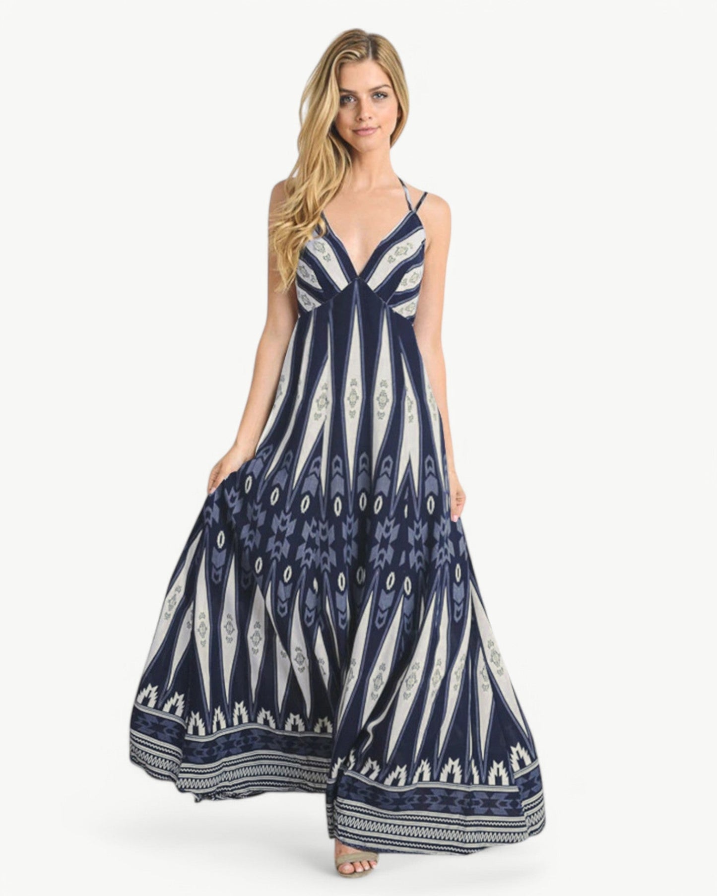 MATHILDE – Maxi dress with V-neck, open back, and pattern | Airy & summery