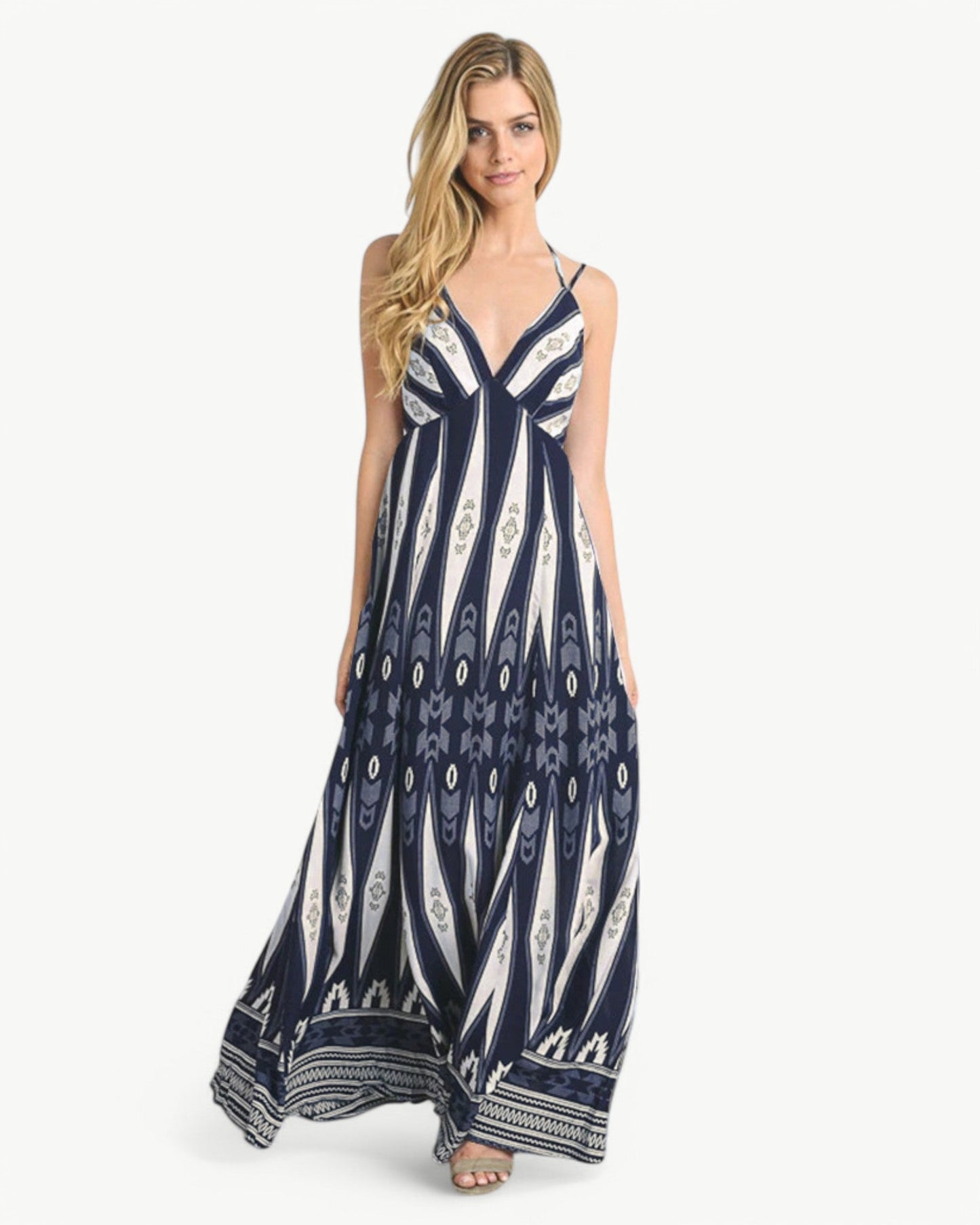 MATHILDE – Maxi dress with V-neck, open back, and pattern | Airy & summery