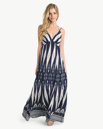 MATHILDE – Maxi dress with V-neck, open back, and pattern | Airy & summery