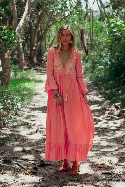 CORALIE – Embroidered Maxi Dress with Ruffle – Bohemian & Relaxed