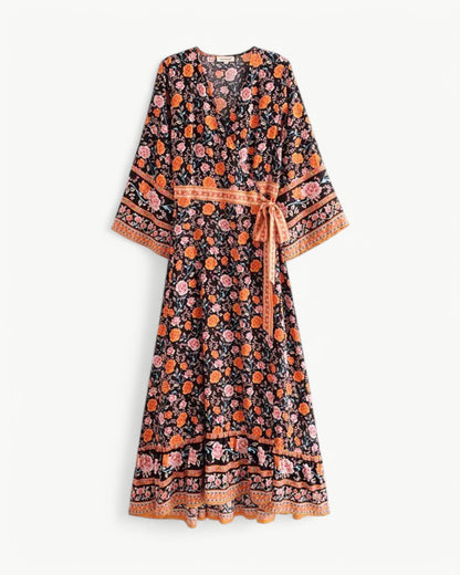 SERENE – Long Dress with V-Neck and Floral Pattern – Wrap Model with Waistband
