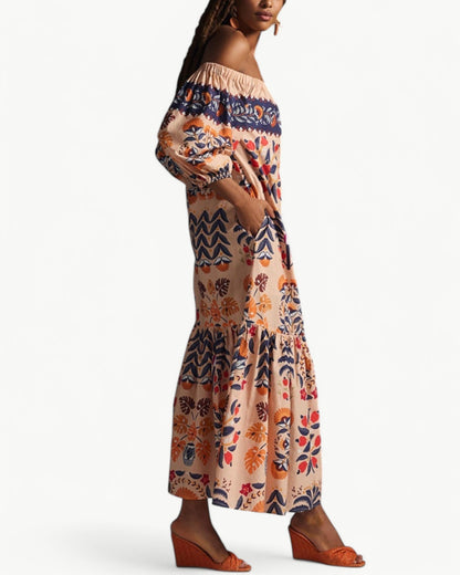 ZÉLIE – Long Off-Shoulder Dress with Pockets | Floral and Summery
