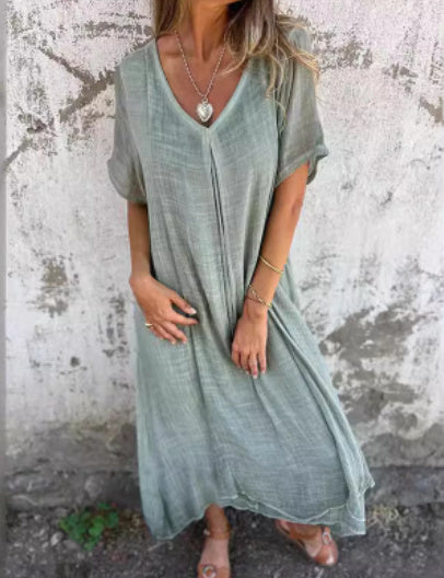 ÉVIE – Light & Airy Long Dress with V-Neck | Short Sleeved & Summery