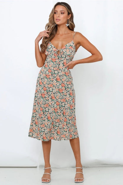 Floral Midi Dress with Thin Straps – Feminine & Relaxed