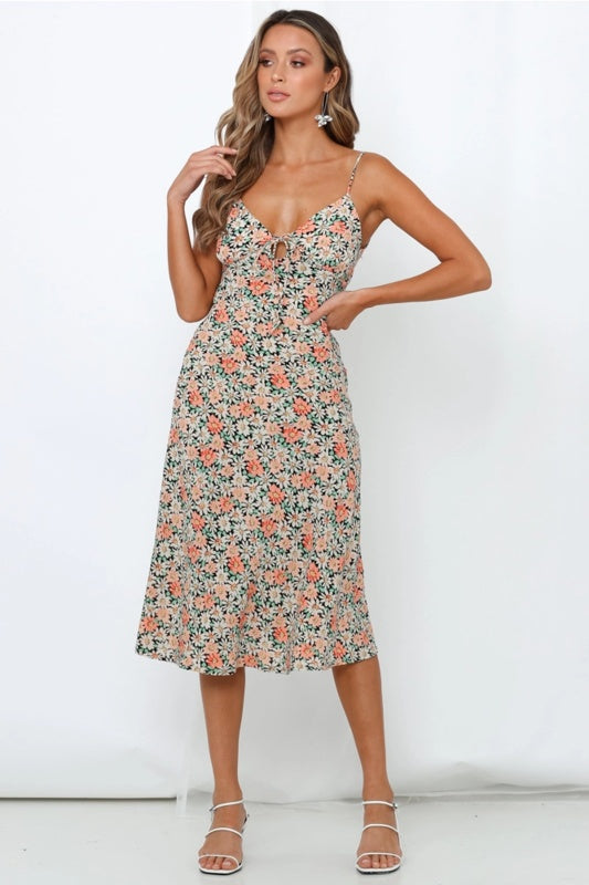Floral Midi Dress with Thin Straps – Feminine & Relaxed