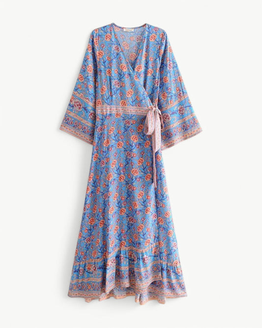 SERENE – Long Dress with V-Neck and Floral Pattern – Wrap Model with Waistband