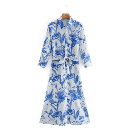 MAËLLE – Long Floral Shirt Dress with Waistband | White & Blue
