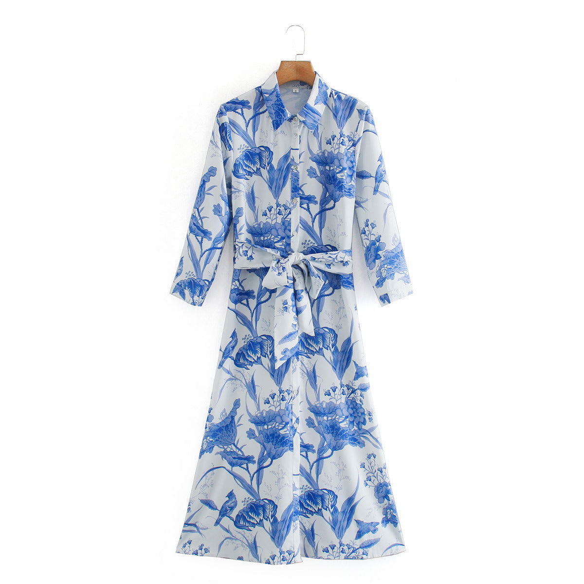 MAËLLE – Long Floral Shirt Dress with Waistband | White & Blue