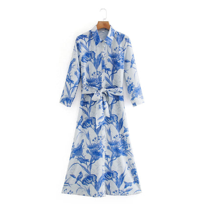 MAËLLE – Long Floral Shirt Dress with Waistband | White & Blue