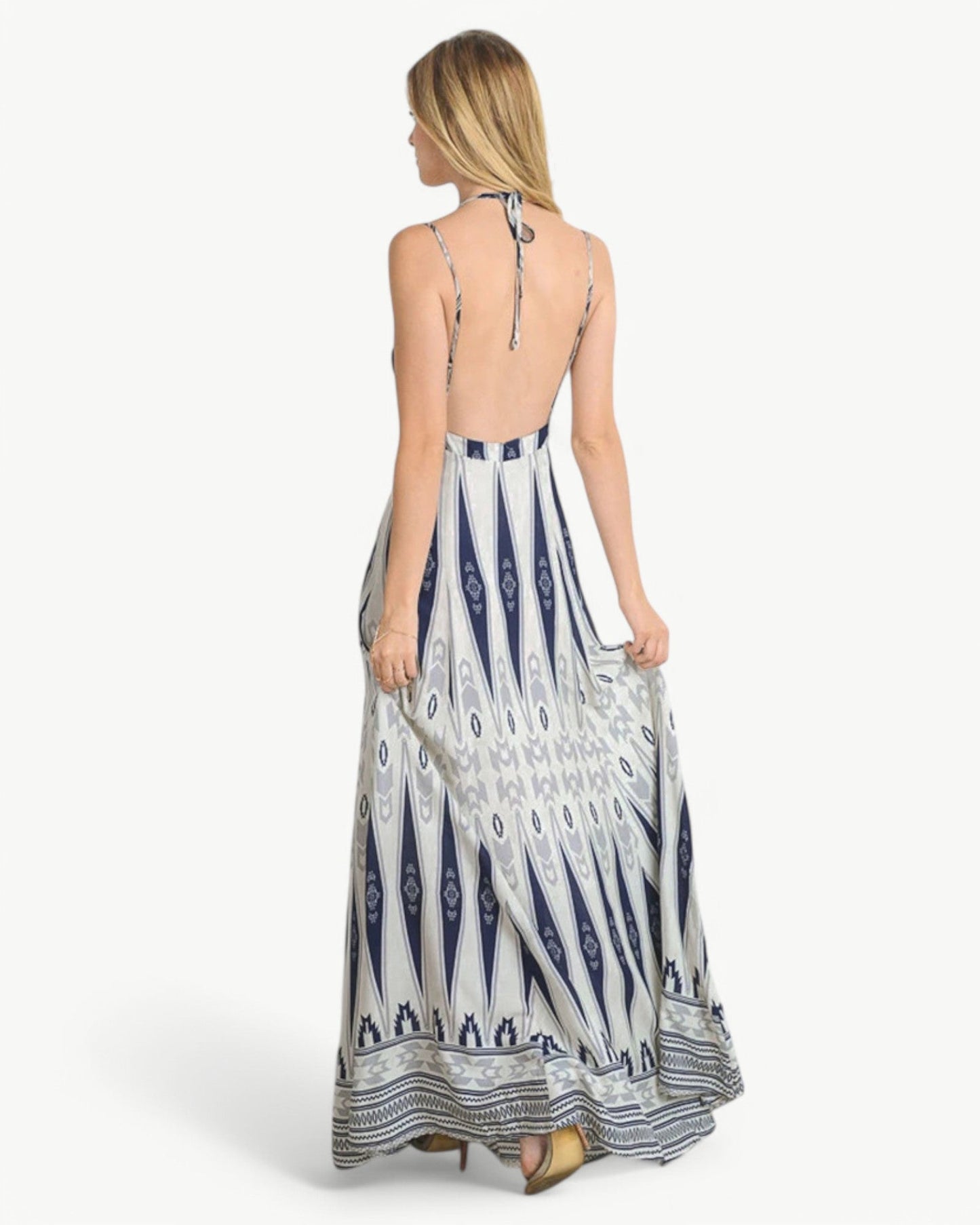 MATHILDE – Maxi dress with V-neck, open back, and pattern | Airy & summery
