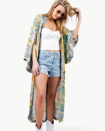 FLEUR – Long kimono with floral pattern, pockets & waist tie