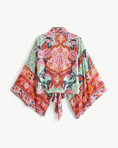 ODÉLIA – Bohemian kimono blouse with tie front & V-neck