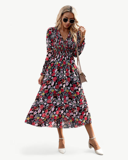 LÉONTINE – Floral Midi Dress with Long Sleeves | Romantic and Airy