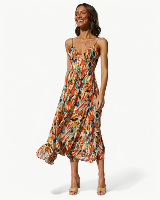 SIENNA – Patterned Midi Dress with Thin Straps – Feminine and Summery