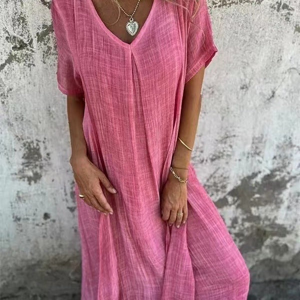 ÉVIE – Light & Airy Long Dress with V-Neck | Short Sleeved & Summery