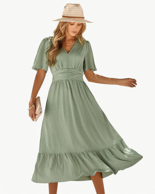 RENÉE – V-neck midi dress with short sleeves – Light and stylish