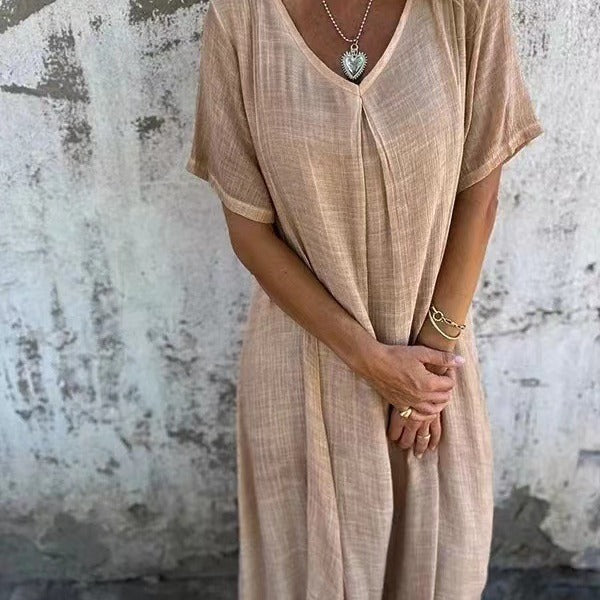 ÉVIE – Light & Airy Long Dress with V-Neck | Short Sleeved & Summery