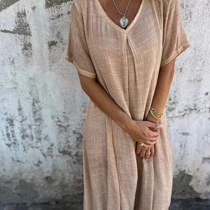 ÉVIE – Light & Airy Long Dress with V-Neck | Short Sleeved & Summery