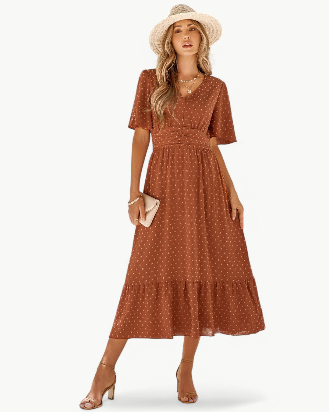 RENÉE – V-neck midi dress with short sleeves – Light and stylish