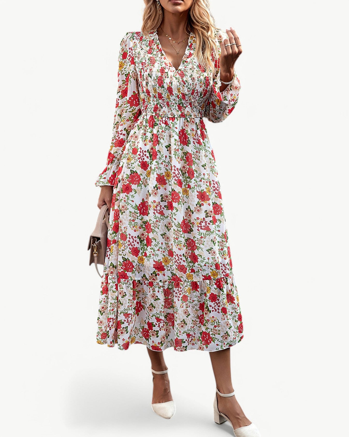 LÉONTINE – Floral Midi Dress with Long Sleeves | Romantic and Airy