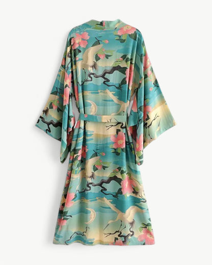 MARGAUX – Midi-length kimono with cranes | Light & stylish