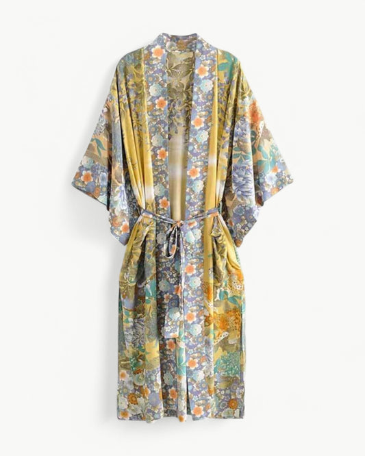 FLEUR – Long kimono with floral pattern, pockets & waist tie