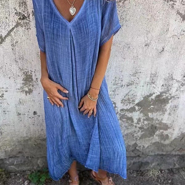 ÉVIE – Light & Airy Long Dress with V-Neck | Short Sleeved & Summery