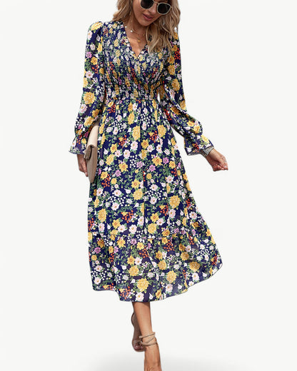 LÉONTINE – Floral Midi Dress with Long Sleeves | Romantic and Airy