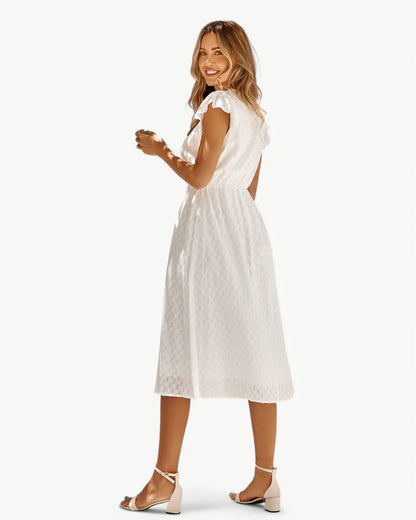 LARA – Midi Dress with V-Neck and Ruffle Sleeves – Light & Stylish Favorite