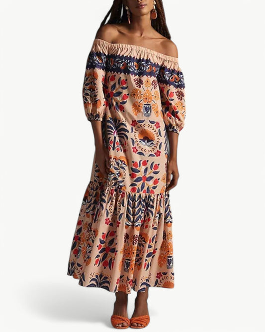 ZÉLIE – Long Off-Shoulder Dress with Pockets | Floral and Summery