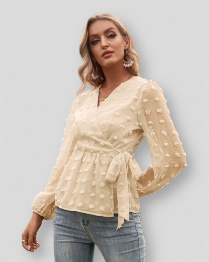 ÉLISE – Elegant V-neck blouse with decorative dots | Light & lined