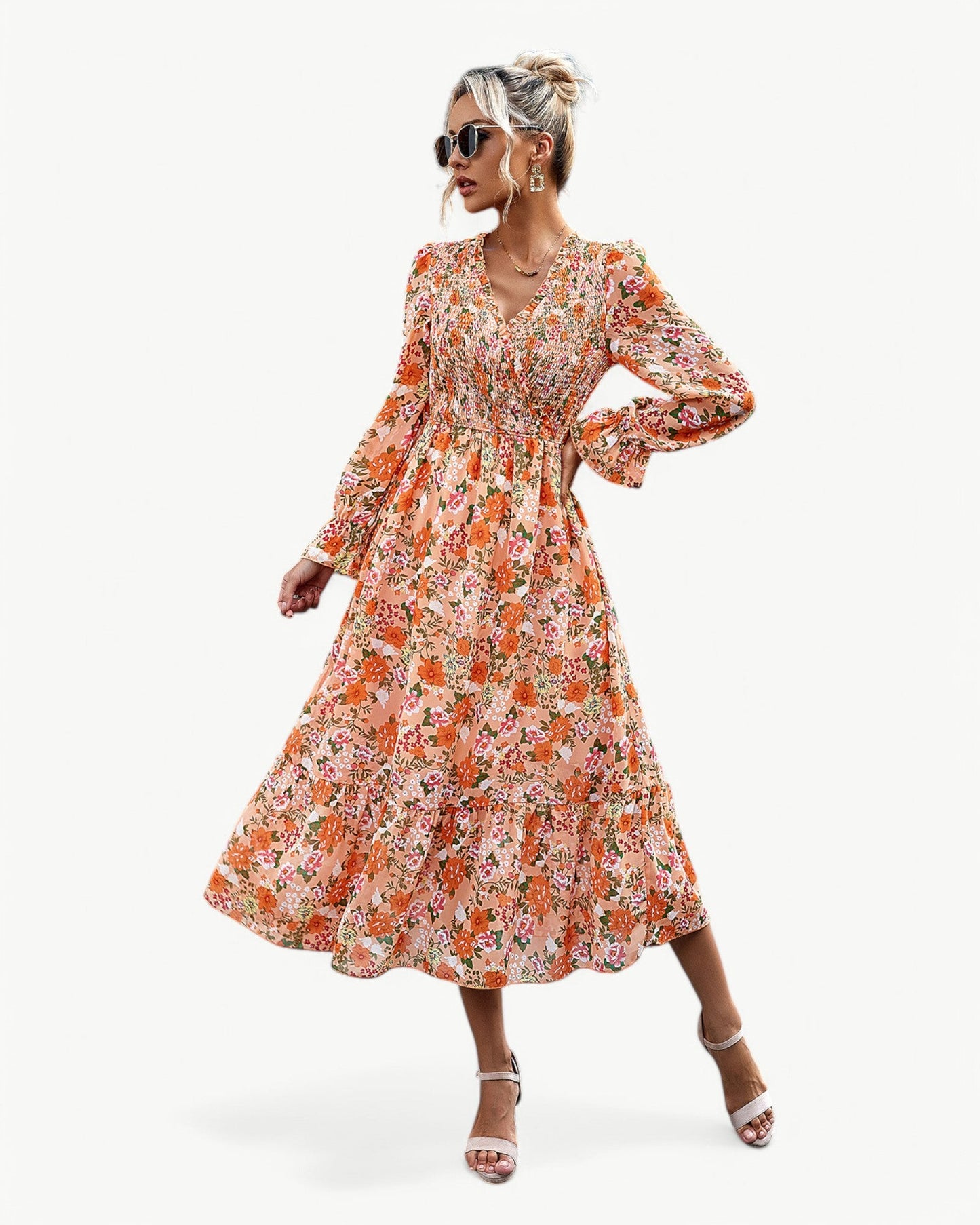 LÉONTINE – Floral Midi Dress with Long Sleeves | Romantic and Airy