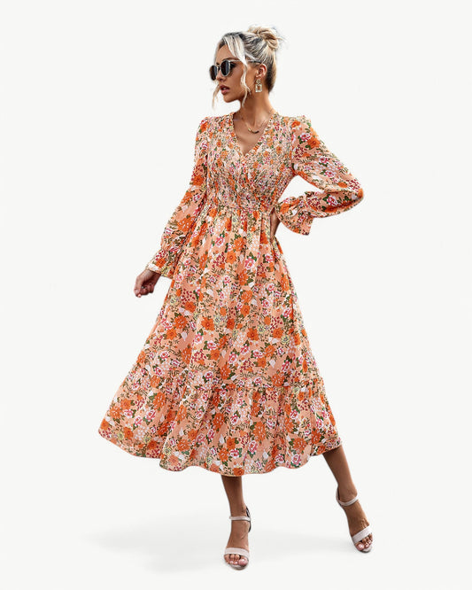 LÉONTINE – Floral Midi Dress with Long Sleeves | Romantic and Airy