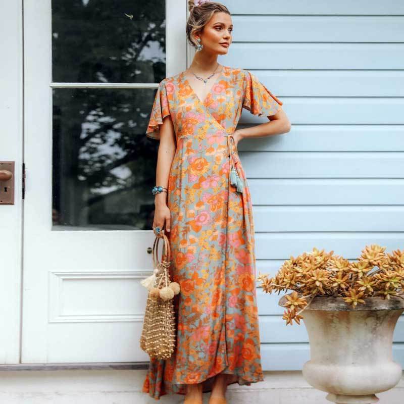 LUCILLE – Floral Wrap Dress with Short Sleeves | Light & Airy Maxi Dress