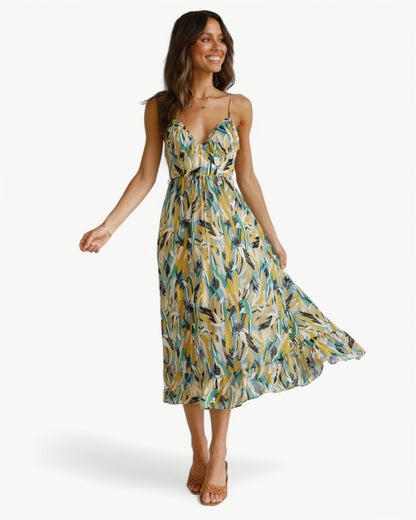 SIENNA – Patterned Midi Dress with Thin Straps – Feminine and Summery