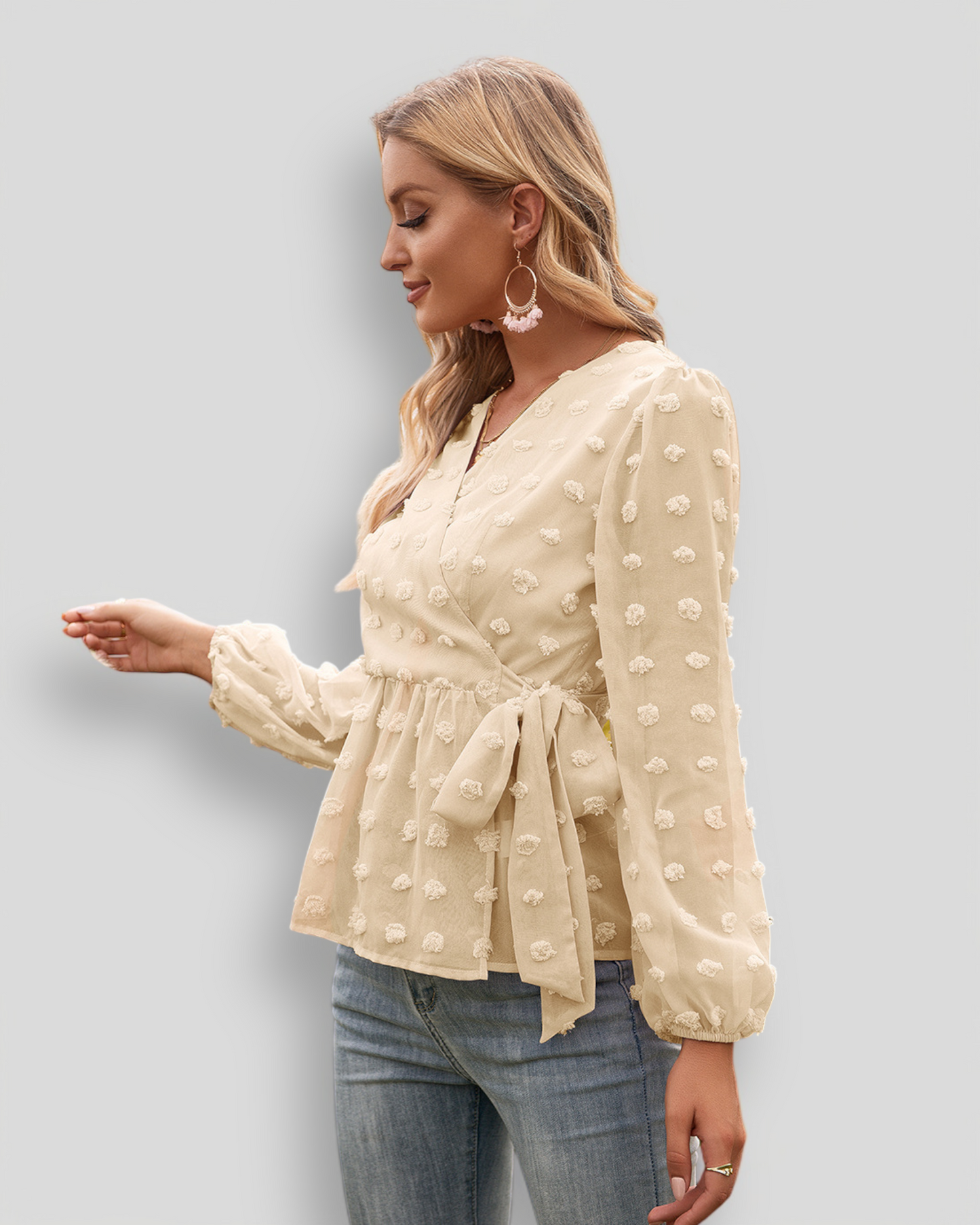 ÉLISE – Elegant V-neck blouse with decorative dots | Light & lined